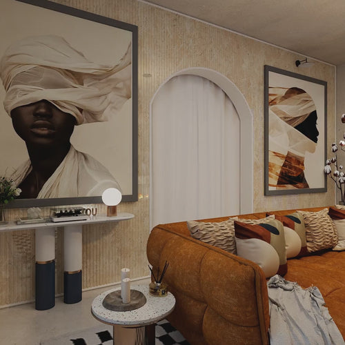 Amaani studio living room design with bold colours and black art